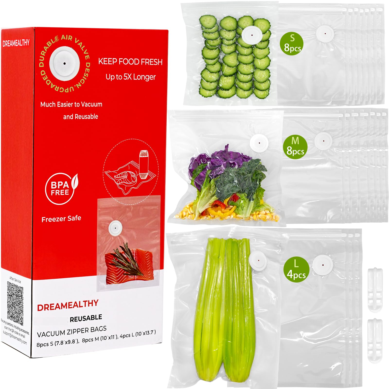 20 Reusable Vacuum Seal Bags for Food, Compatible with Most Handheld Vacuum Sealer, BPA-Free, Sous Vide Bags, Upgraded Sturdy Air Valve (8 Small, 8