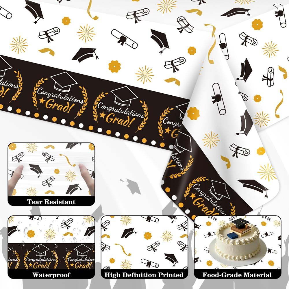 Graduation Decorations 2025, 8 Pack Black Gold Plastic Graduation Tablecloths Disposable, Graduation Table Party Decorations Class of 2025 Grad Table Cloths Covers Decor Party Supplies Favors Ideas