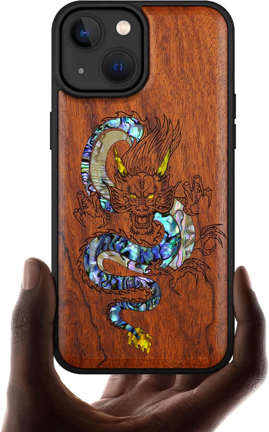 Carveit Designer Wooden Protective Magnetic Case for iPhone 14 Case [Wood Engraving & Shell Inlay] Compatible with iPhone 14 MagSafe (The Oriental Dragon-Rosy)
