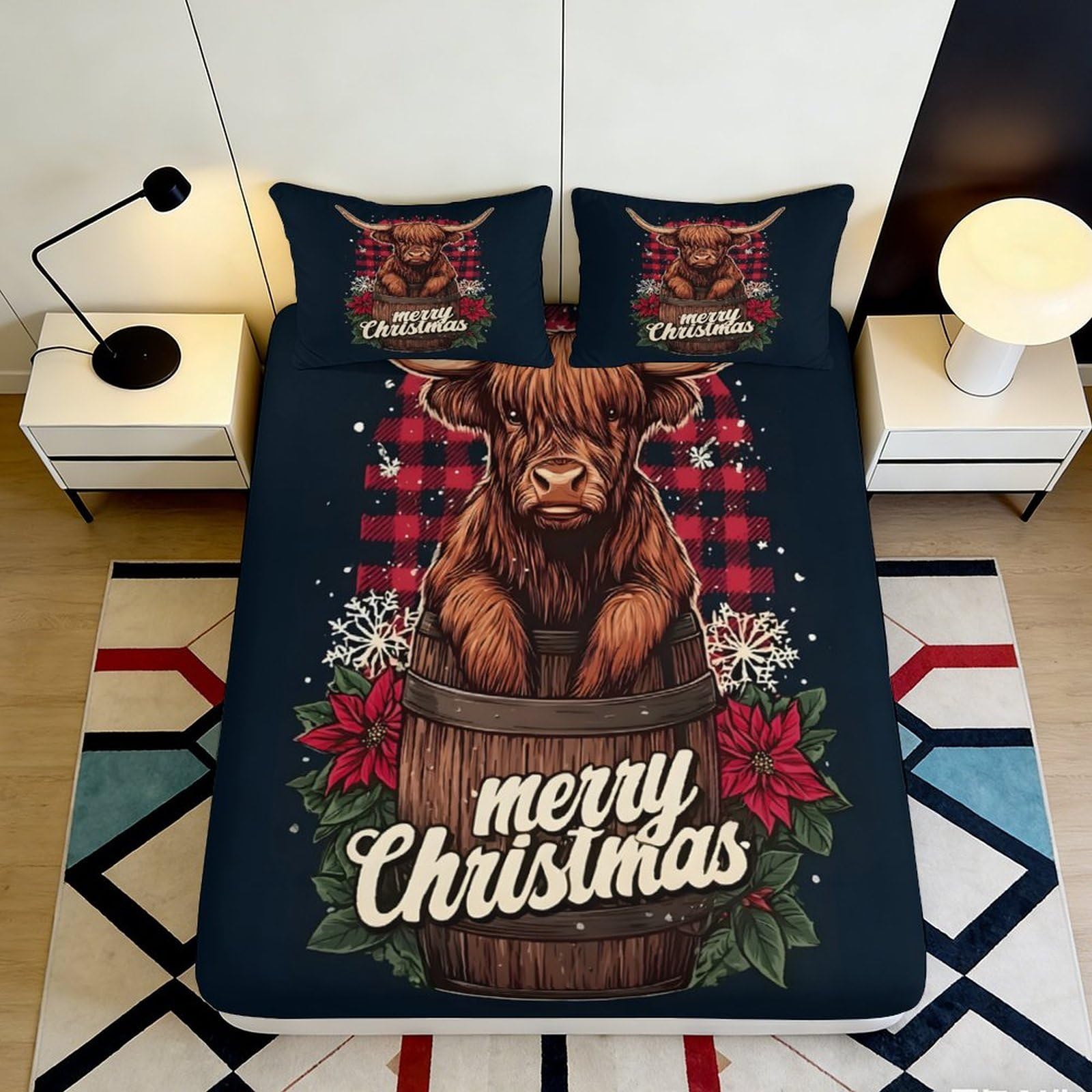 3D Printed Highland Cow Fitted Sheet, Christmas Red Plaid, Microfiber Soft Touch, Bed Cover, Guest Room Bedding, Wrinkle Resistant, Easy to Remove, Home Decor, 115 characters 90x200x25cm