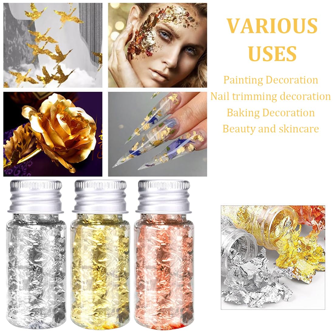 3 Piezas de Oro Lámina Decorativa con Pinza y Copos para Manualidades, Decoración de Uñas, Funda de Teléfono Móvil y Fabricación de Joyas de Resina