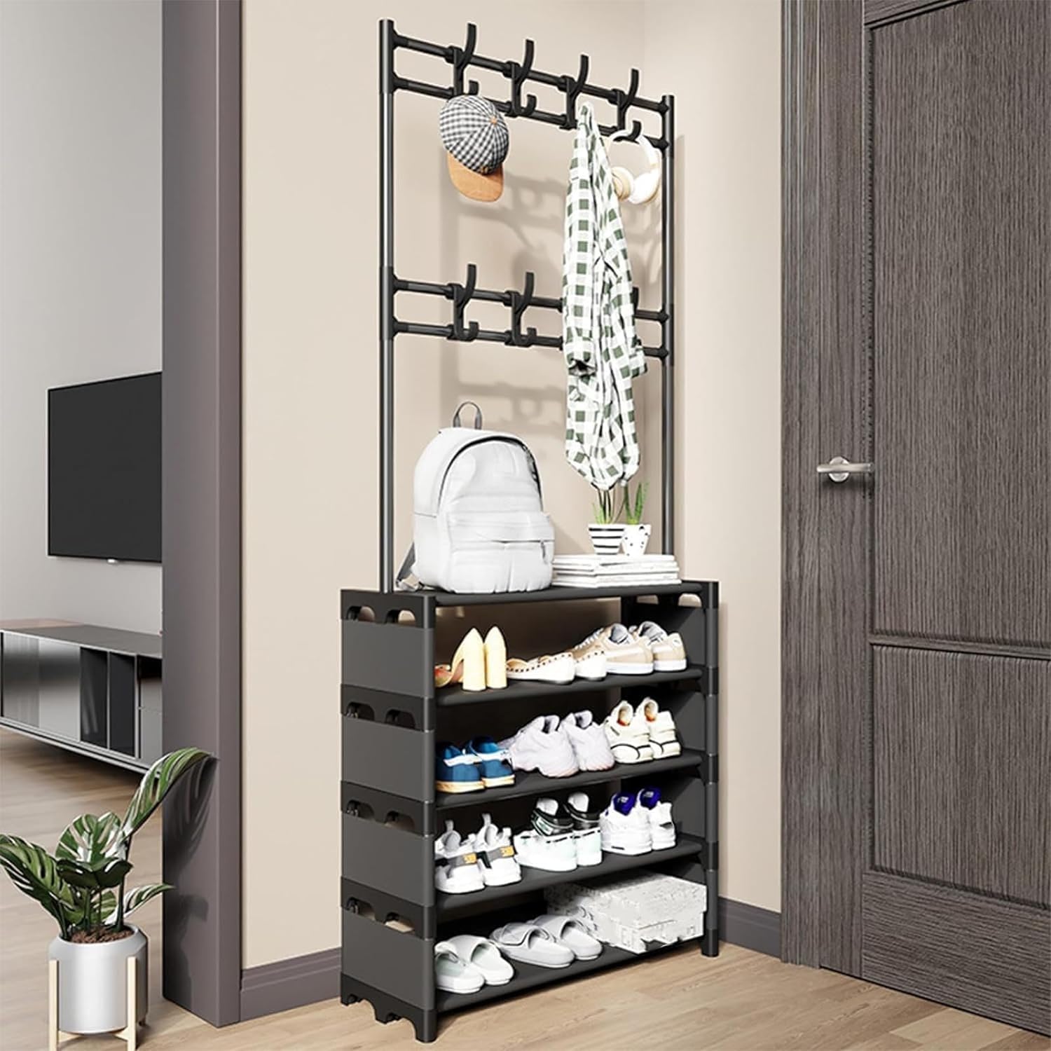 MYUYEE Coat Rack Shoes Bench Hall Tree 3-In-1, Multifunctional Entryway Storage Shelf, For Home Bedroom Living Room With Metal Frame Easy Assembly(Black-80Cm/31.5)