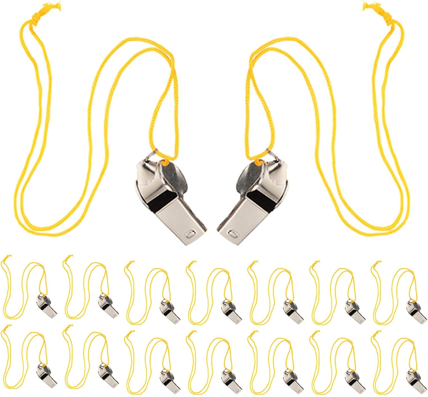 SEWACC Whistle with Steel Coaching Lanyard Stainless 20pcs | Silver Finish, Crisp Loud Tone and Fast Response, Training and Basketball Match Use, Impact Resistant Steel Build