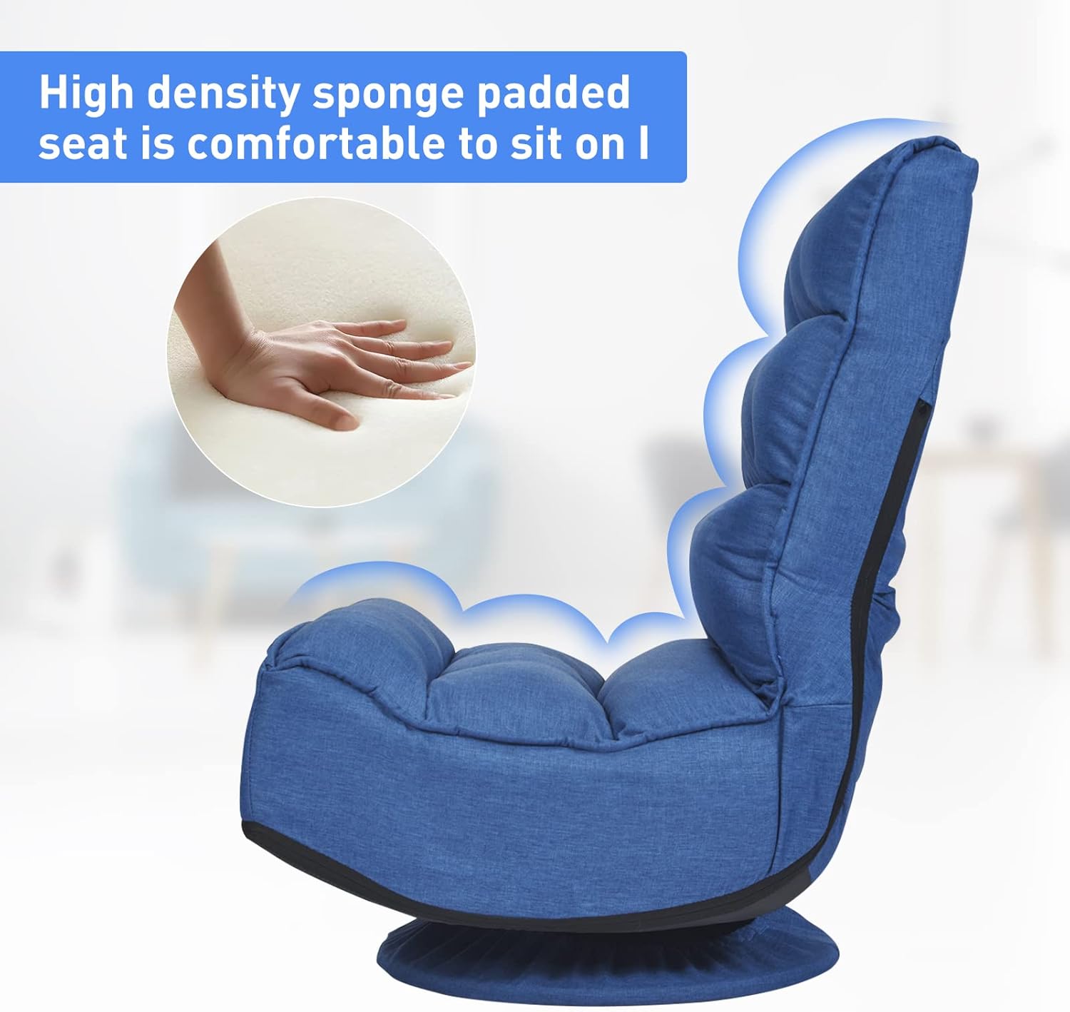ERGOMASTER Reclining Folding Floor Gaming Chair for Home, Office and Lounging, Reading w/ 360-Degree Swivel, 5 Adjustable Positions, Tufted Cushions （Blue）