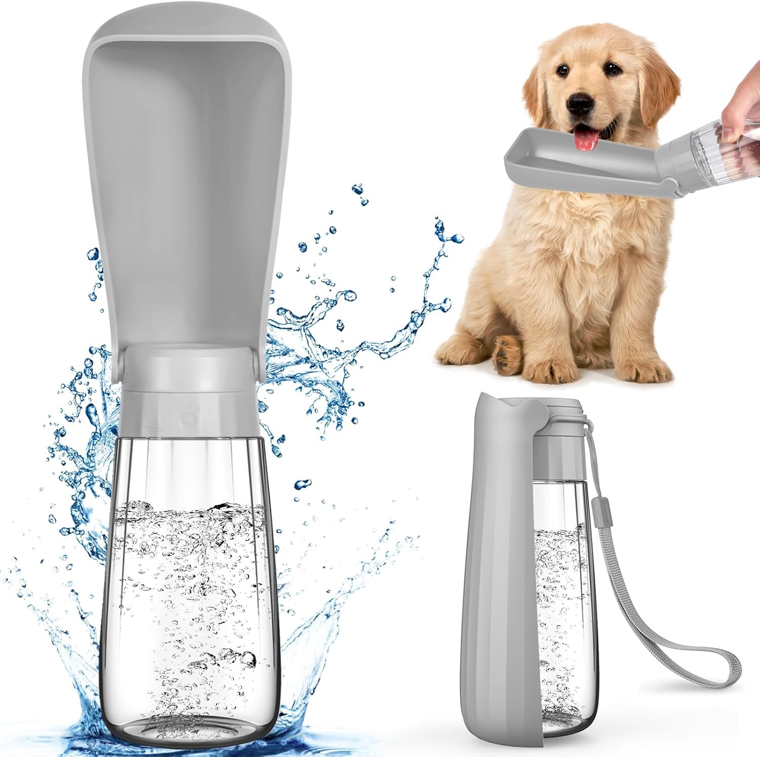 Bebedero Perro Gato 550ml,Plegable, Botella Agua portátil Mascotas Gris | Ángulo de bebida 150°,válvula retorno ahorro agua,anti-fugas,sin BPA,con correa nailon,paseos camping cachorros