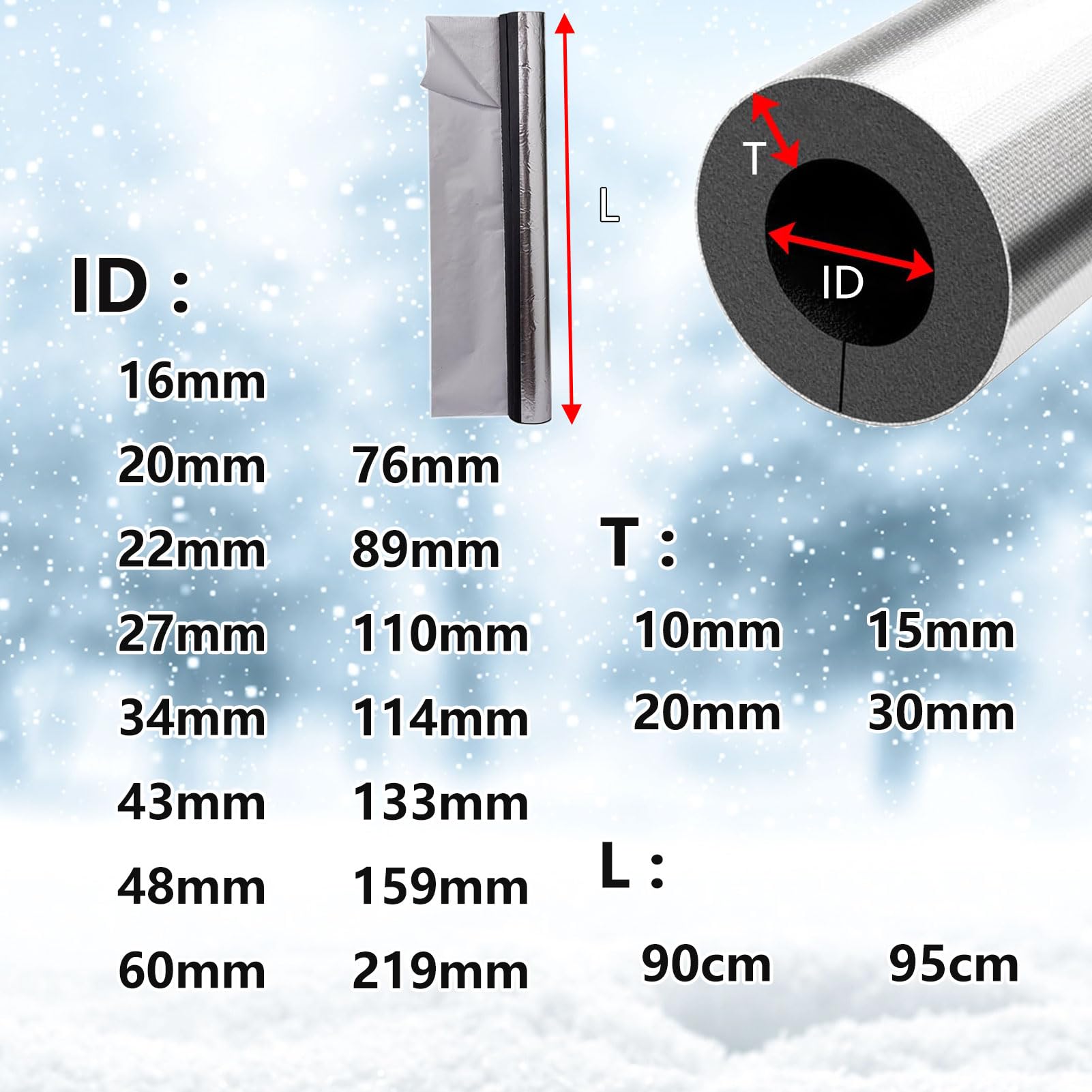 Tubo de Espuma Fundas Térmico para Tuberías Exteriores Coquilla Aislante De Papel De Aluminio Autoadhesivo de Aislamiento para Tubos De Agua Y Calefacción (ID) 27mm x (T) 30mm x (L) 0.95m