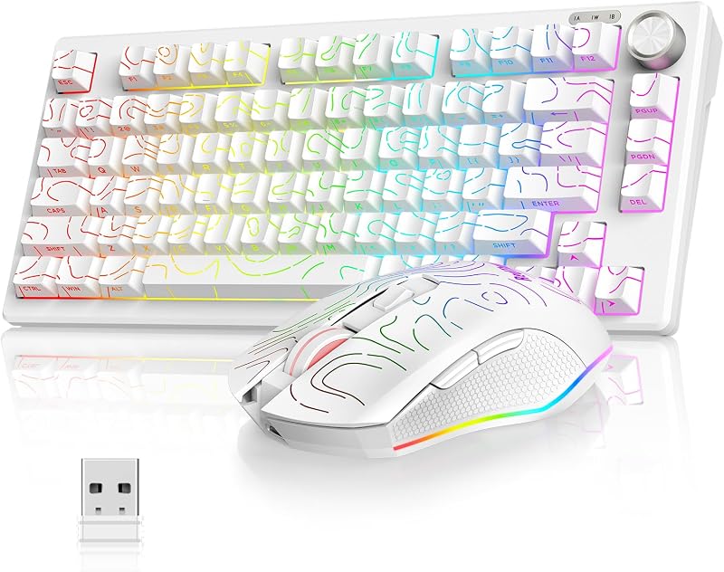 Combo de teclado y mouse inalámbricos K75, teclado con grabado lateral de membrana 75%, mouse óptico para juegos con 4800 DPI, 3 modos (BT/2.4G/con cable), sistema dual, retroiluminación RGB, batería recargable, contorno blanco