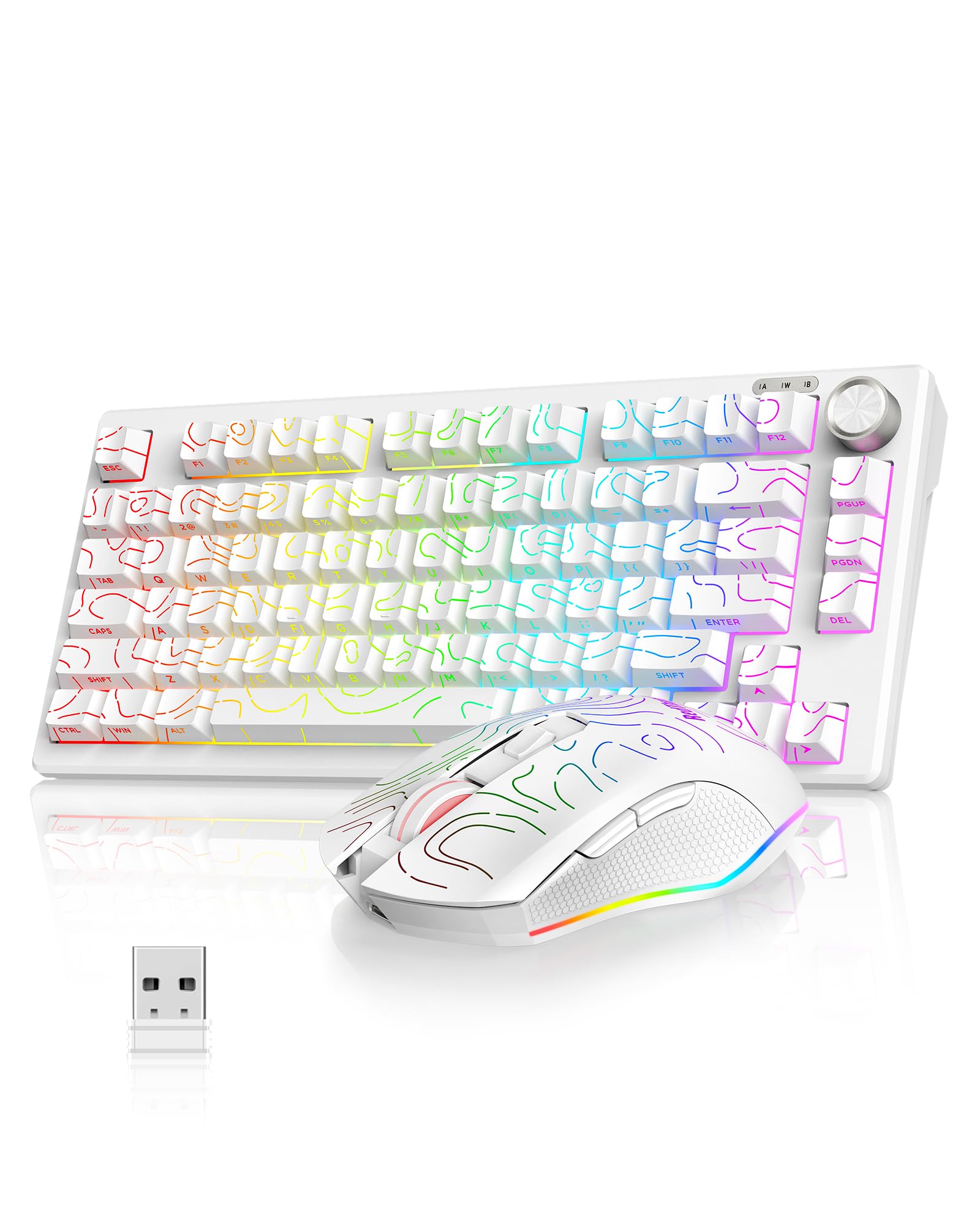 RedThunder K75 75% Wireless Membrane Keyboard and Mouse,3-Mode 2.4G/BT/USB-C,US Layout Side-Engraved,Volume Knob,TKL Ultra Compact Design,Optical Gaming Mouse with 4800DPI for PC Mac (Contour White)