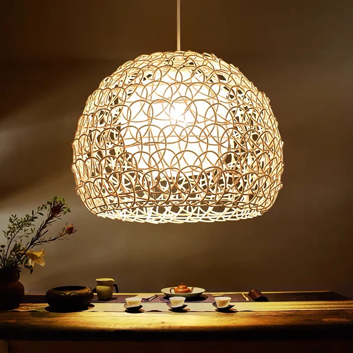GUANSHAN Rattan Pendelleuchte – Handgeflochten, Naturlook, Mit E27-Fassung & 12W LED, Für Wohnzimmer, Café Oder Bar