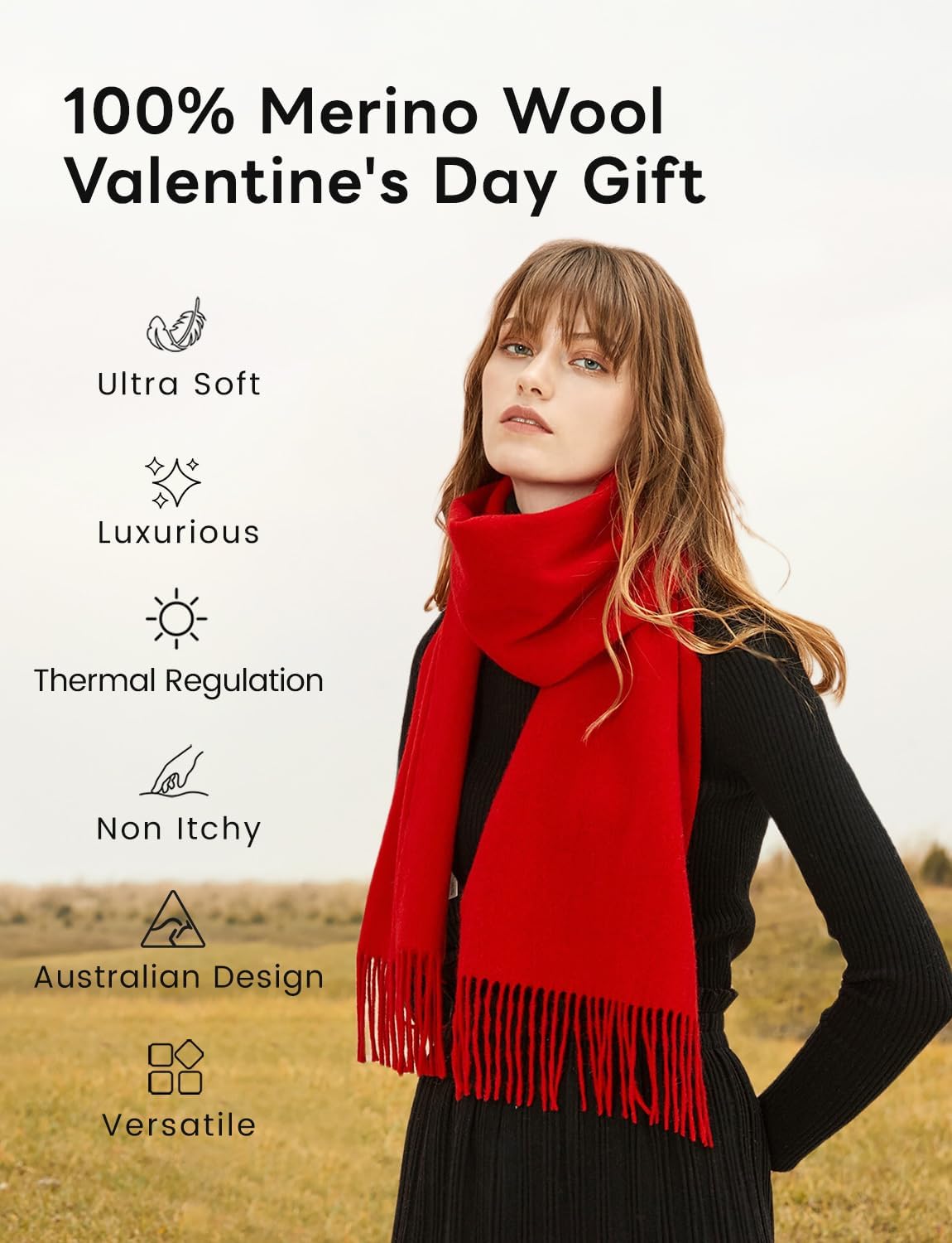 100% Merino Wool Winter Scarf for Women Cashmere Pashmina Soft Luxury Warm Shawl Wraps Stole Valentine's Gift - Image 3