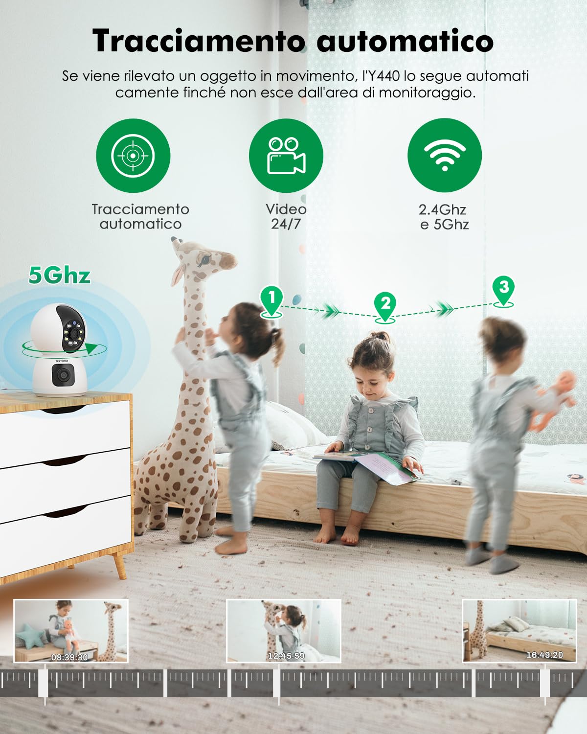 Telecamera Wi-Fi Interno 4MP, 2K Videocamera Sorveglianza con Doppia Lente, PTZ 360°, Visione Notturna, Tracciamento del Movimento e Audio Bi-direzionale, Funziona con Alexa, con WiFi 2.4/5ghz