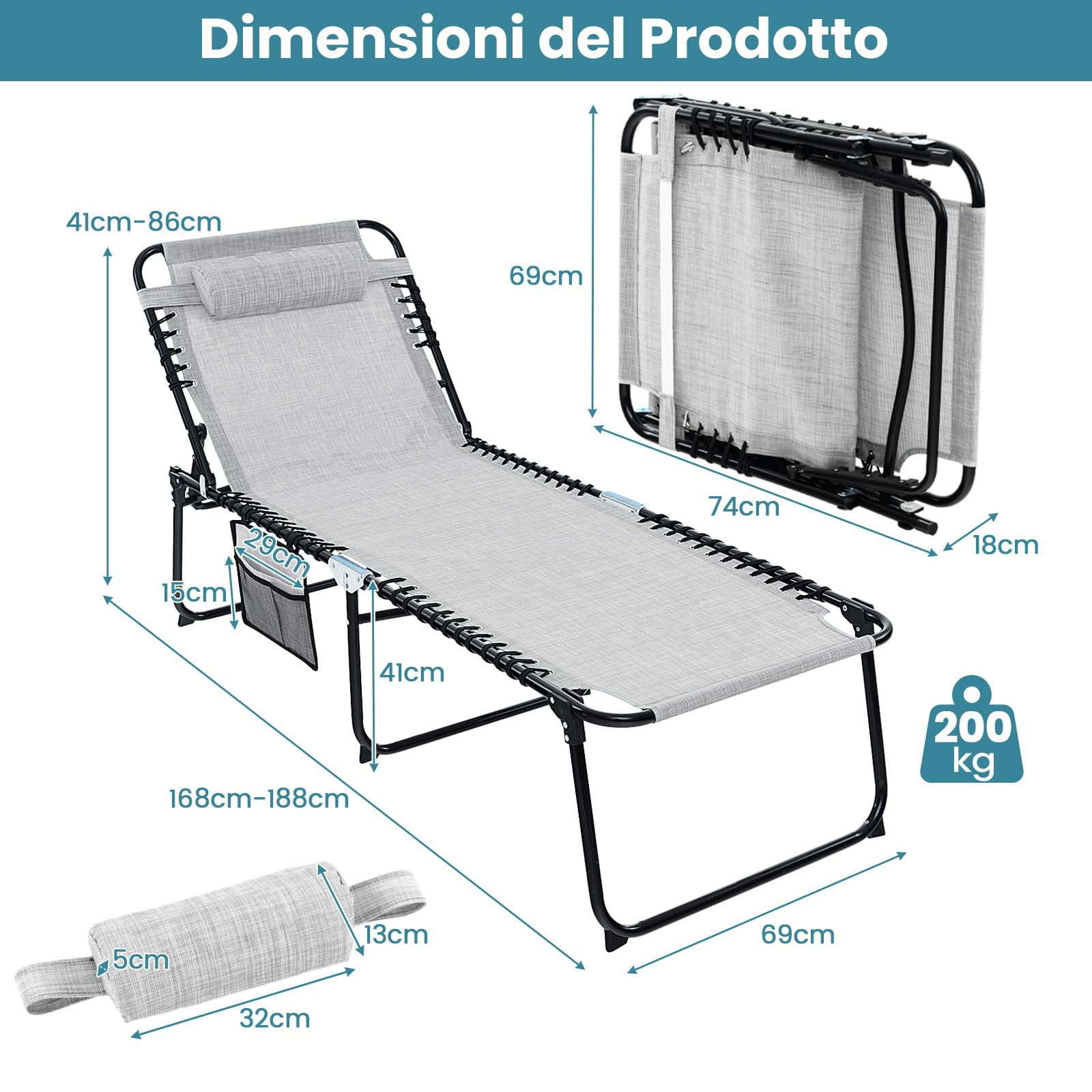 COSTWAY Lettino Prendisole da Giardino, Sedia a Sdraio Pieghevole con Schienale Regolabile, Cuscino Staccabile, Tasca, Portata 200 kg, 168-188 x 69 x 41-86 cm (Grigio)