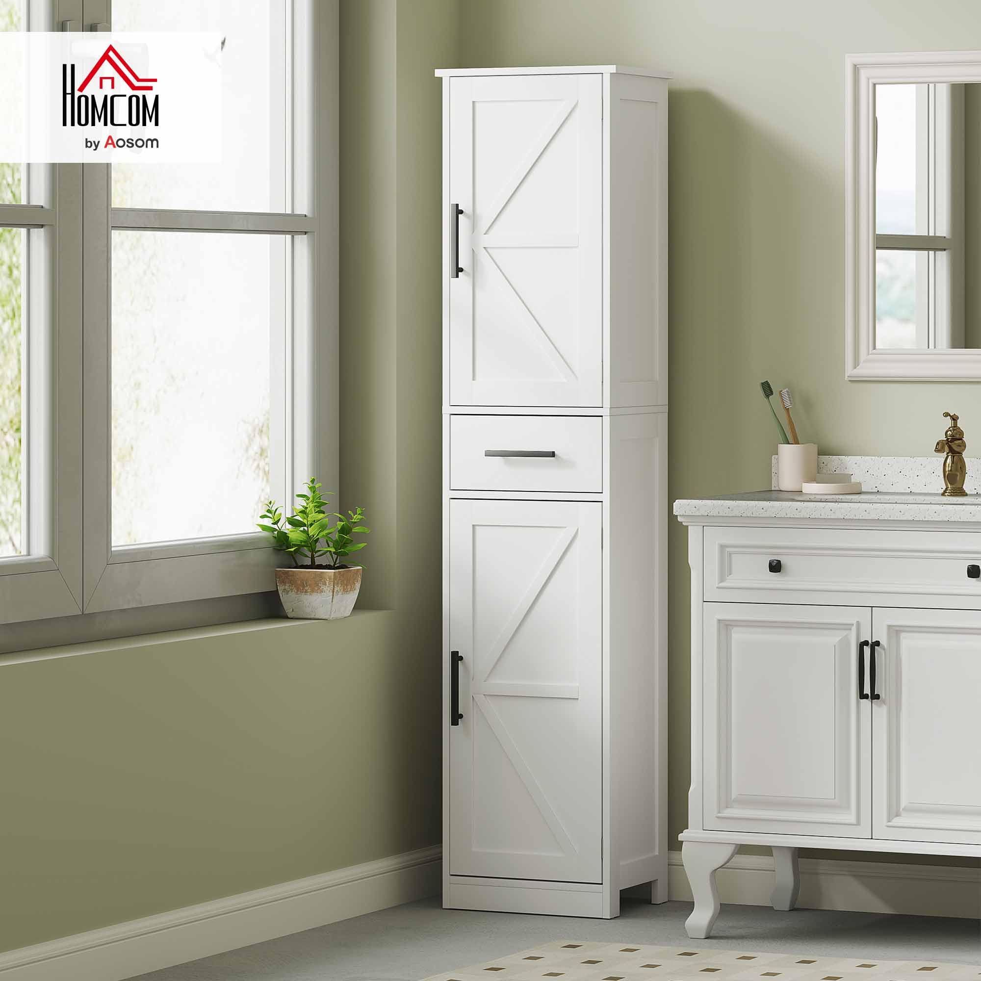 HOMCOM Armario Alto de Baño Estrecho con 2 Puertas 1 Cajón y 2 Estantes Ajustables Columna de Baño Estilo Rústico para Salón Aseo Cocina 40x30x170 cm Blanco