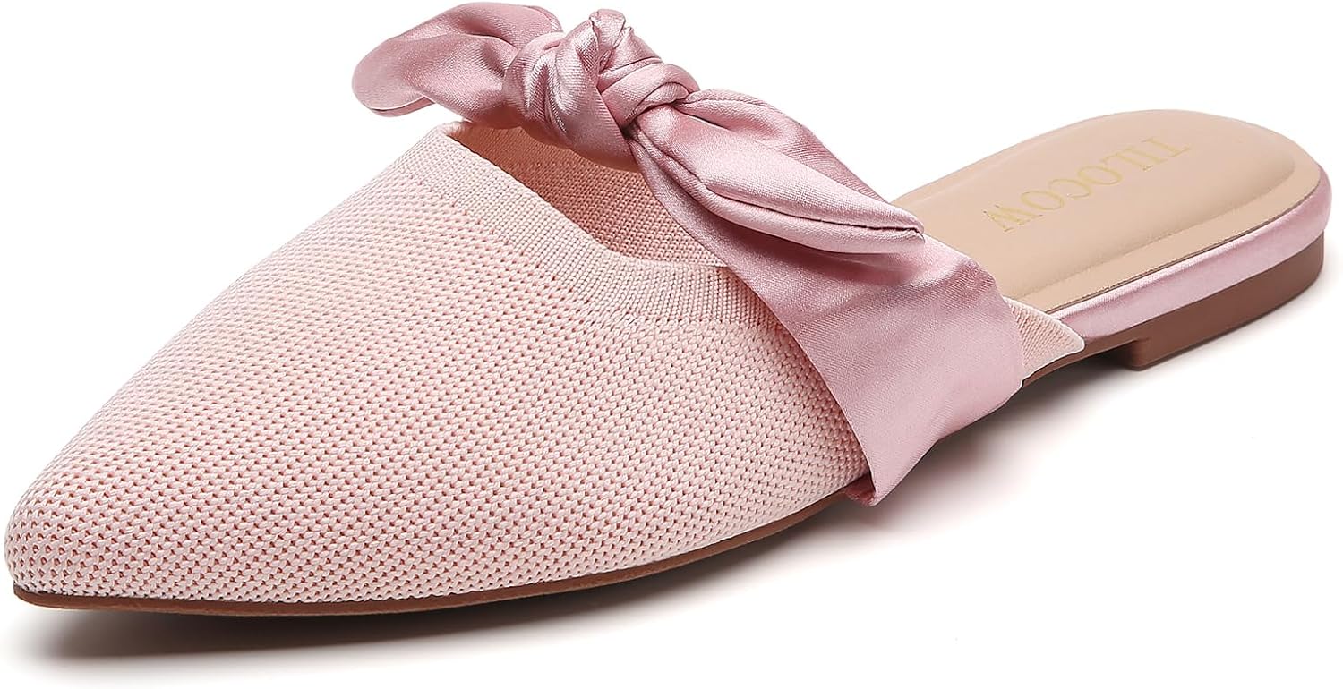 Tilocow Knit Mules for Woman Pointed Toe Flats Bow Mules Slip On Slides Flats Shoes Women Dressy Comfortable