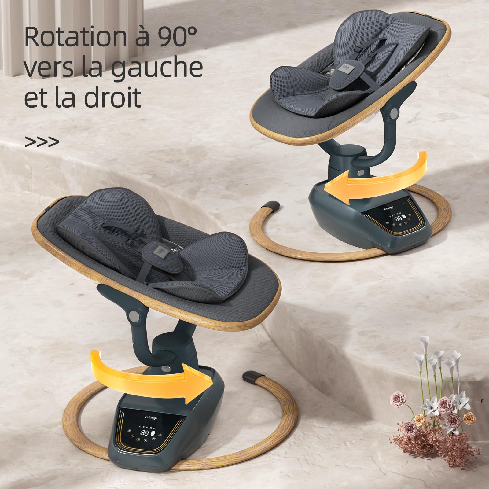 transat bébé électrique 180° réglable 3D, avec télécommande, 5 modes, 4 vitesses, 3 hauteurs de siège, 8 chansons d'apaisement, balancoire bébé 0-12 mois (coloris bois）