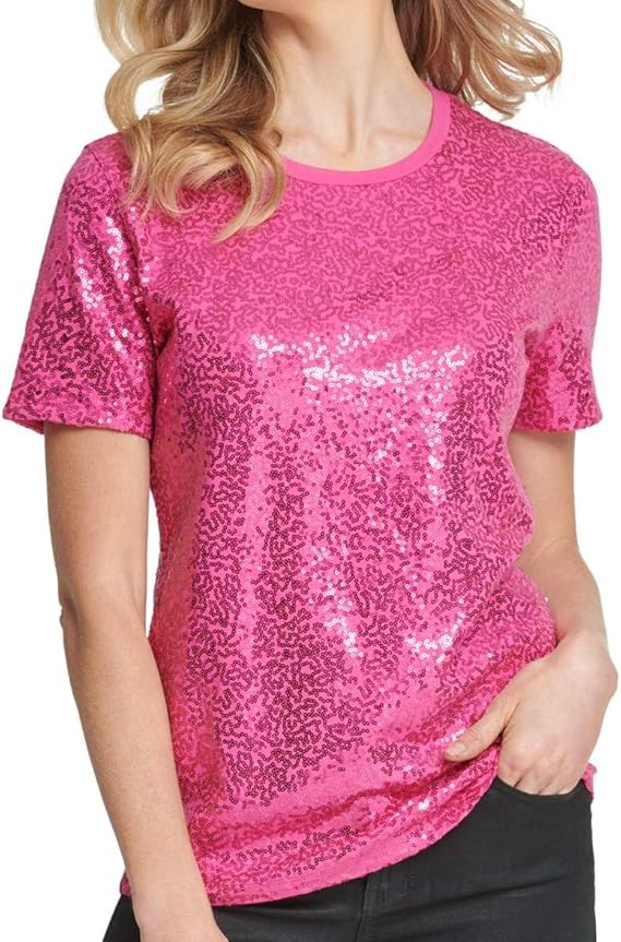 DKNY Womens Pink Sequined Short Sleeve Crew Neck TShirt Party Top UK