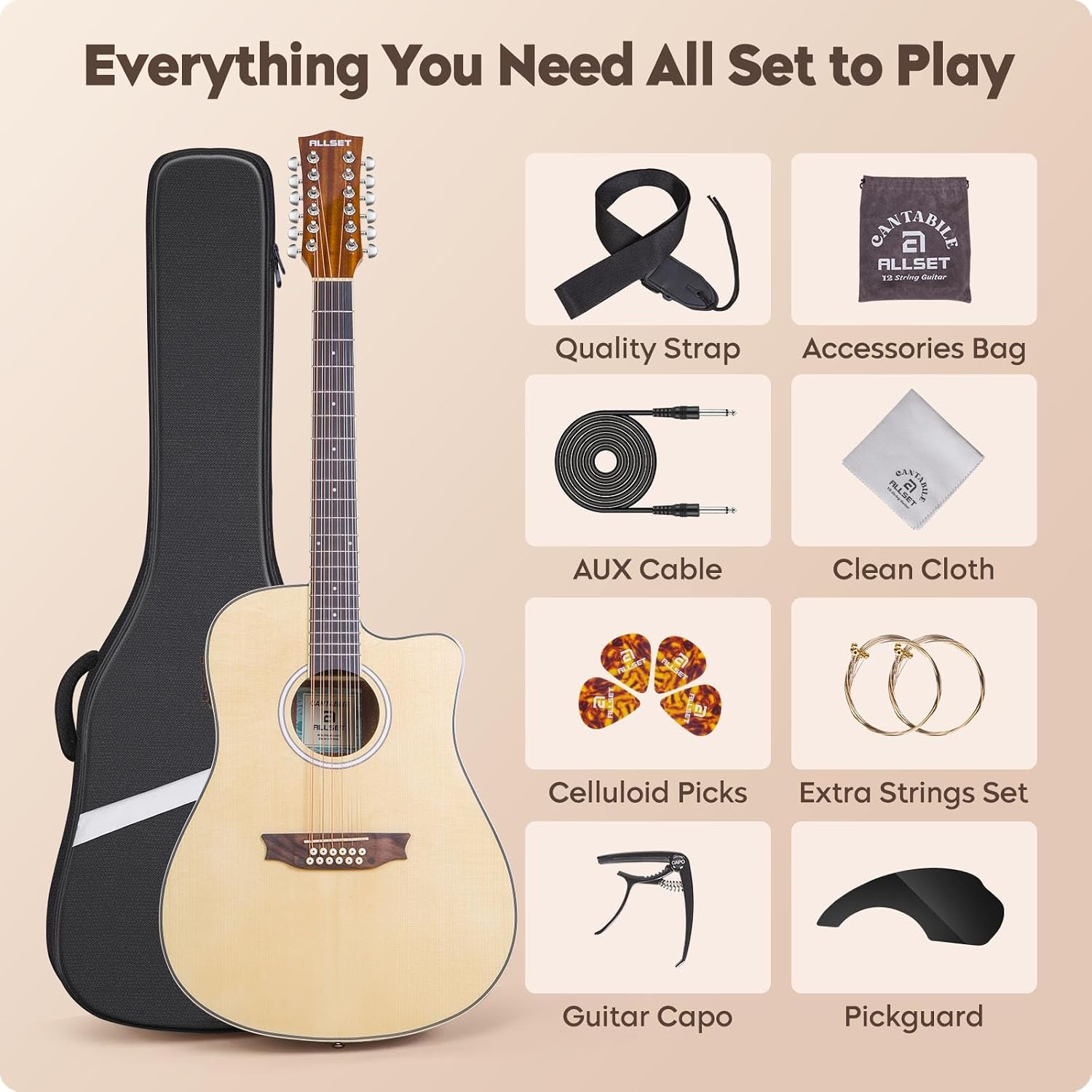 ALLSET 12 String Guitar | Acoustic Electric 12 String |42" Full Size Guitar for Beginner/Adult Fingerstyle | Spruce Top Cutaway | Gig Bag, AUX Strap,Strings,Strap|Gloss Natural Wood | A12-NT