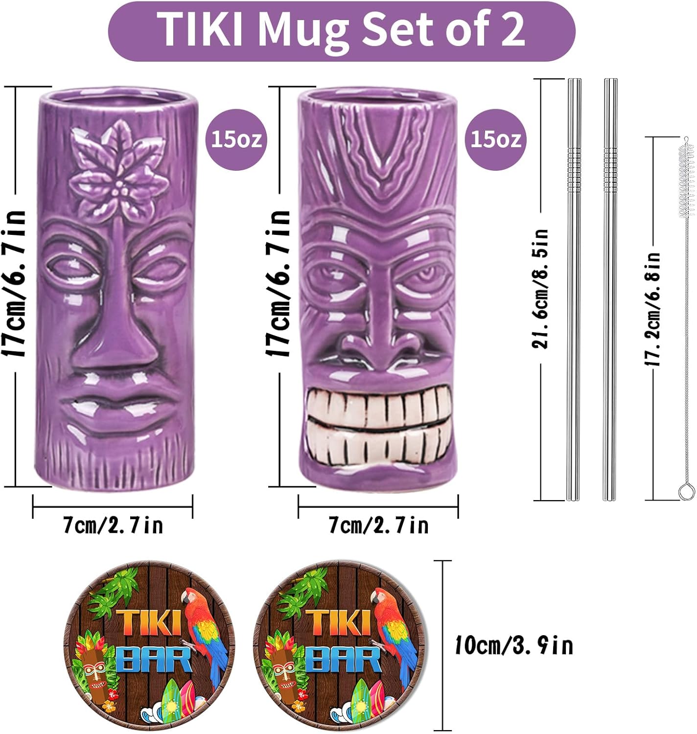 SuproBarware TIKI Mug Set - Set of 2 Ceramic TIKI Mug 15oz/440ml Tropical Style Cocktail Glass Set for Cocktail Lover (Purple Set) - Image 2