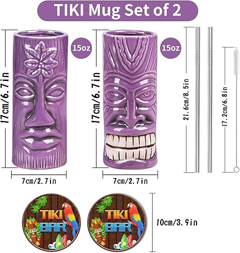 Miniatura 2 de SuproBarware TIKI - Juego de 2 tazas de cerámica TIKI de 15 onzas  14.9 fl oz, estilo tropical, juego de vasos de cóctel para amantes del cóctel