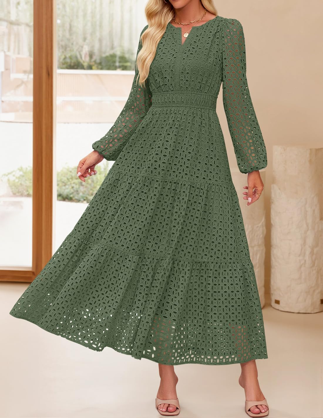 ZESICA Women's 2026 Spring Long Sleeve Maxi Dress V Neck Hollow Out Eyelet A Line Long Flowy Casual Party Dresses - Image 9