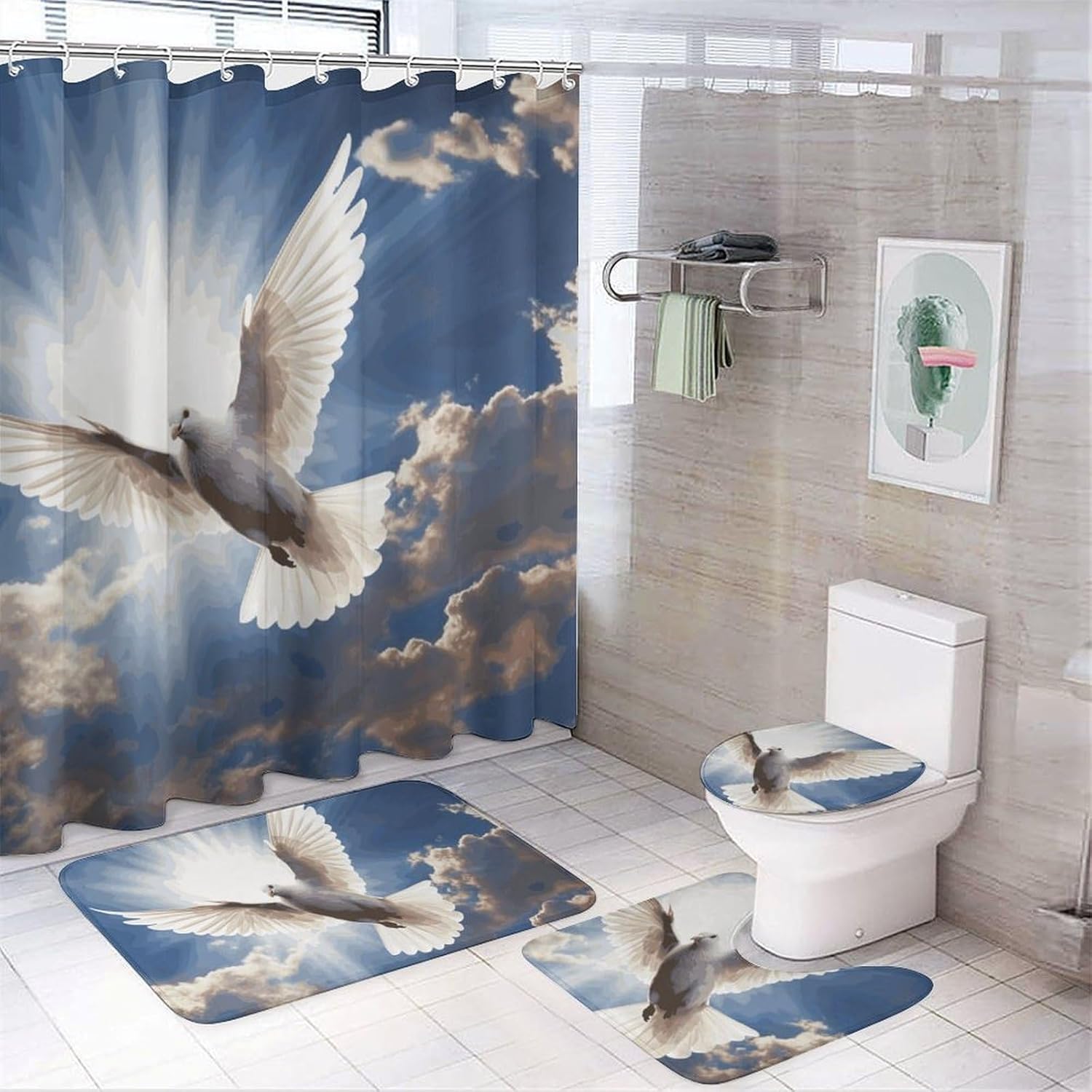 Dove Sky Shower Curtain Set 4 Piece, Non-Slip Bath Mat with Toilet Lid Cover and Waterproof Shower Curtain with 12 Hooks, Complete Bathroom Set for Home Decor