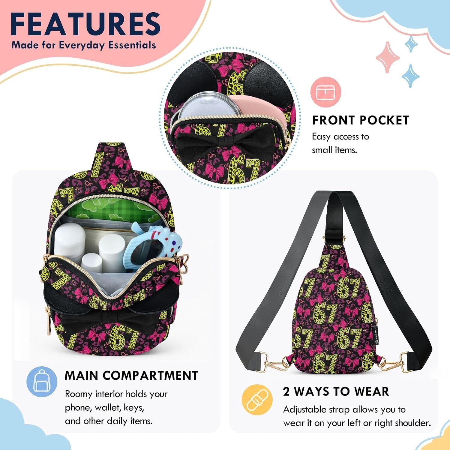 Sinestour Six Seven Kids Sling Bag for Girls, 3.1x5.7x7.5In | Crossbody Fanny Pack, Toddler Purse, Cute Sling Belt Bag with Ears, 2L Small Shoulder Chest Bag for Travel