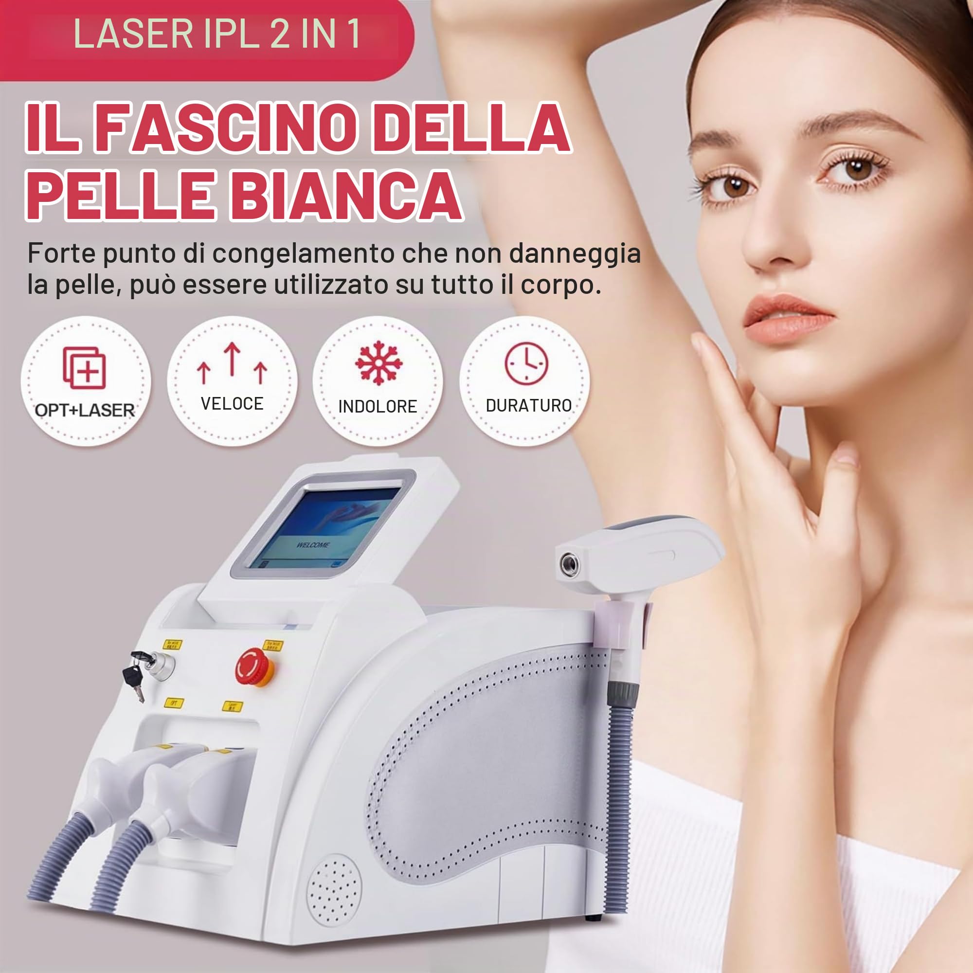 Macchina Multifunzione 2 in 1 per Depilazione e Cura della Pelle con Tecnologia OPT SHR + Nd:YAG – Schermo Touch da 8 Pollici, Trattamenti per Viso, Corpo e Tatuaggi