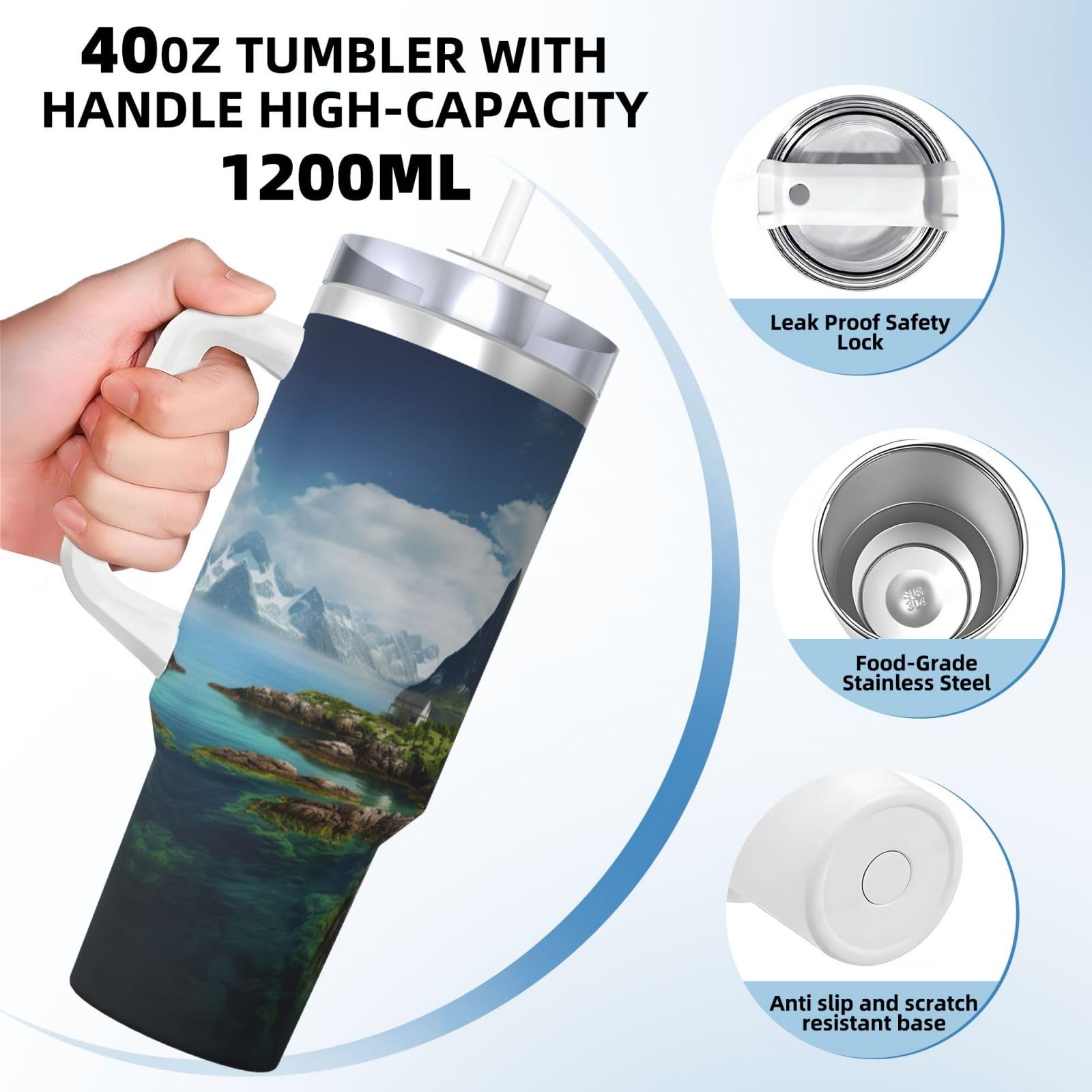Norway Islands Ice Bully Doppelwandige isolierte Wasserflasche mit Griff und Strohhalm-Deckel, 1,2 l