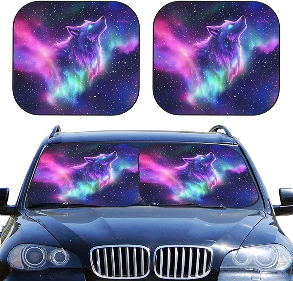 Blue Purple Galaxy Sky Stars Wolf 2-Piece Car Windshield Sun Shade Foldable Front Window Sunshades Blocks UV Rays and Keeps Your Vehicle Cool for Most Sedans SUV Truck, Medium