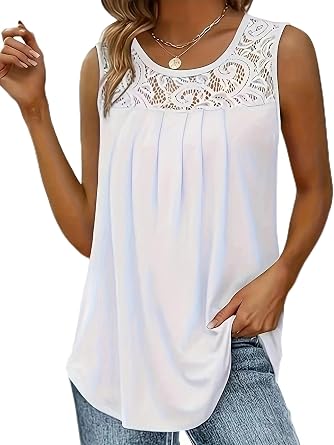 Summer Tank Tops Women Crew Neck Pleated Lace Front Sleeveless Loose Flowy Tunic Tops