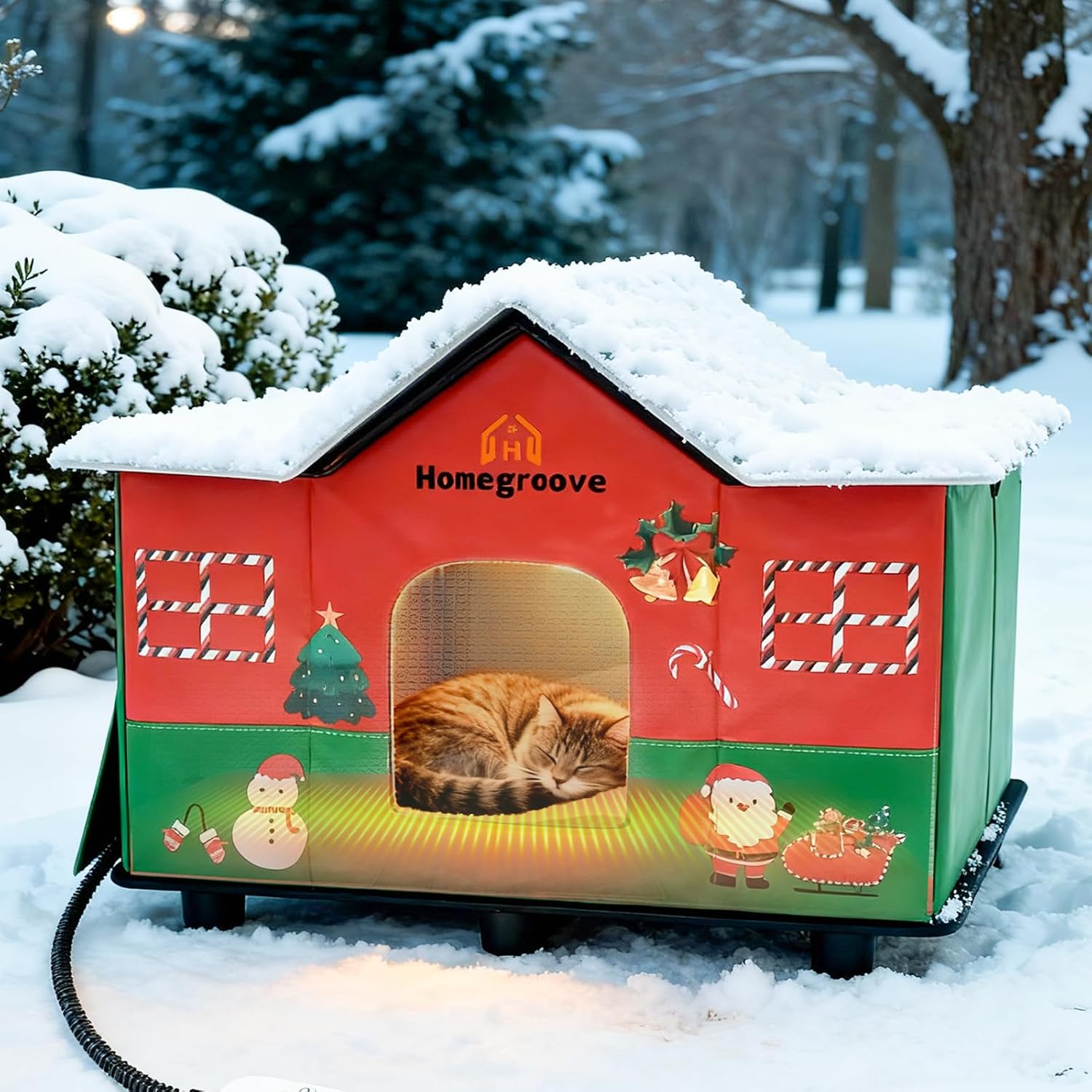 Homegroove Heated Cat House for Outside, 24x15.7x17 inches Extra Large Weatherproof & Insulated Heated Outdoor Cat House with Heating Pad, Winter Gift for Stray & Feral Cats