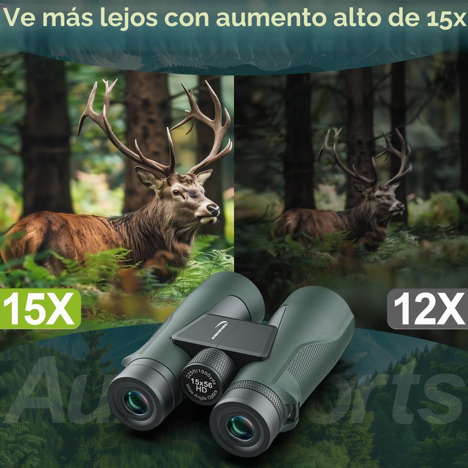 Prismáticos de 15 x 56 Pulgadas para Adultos de Alta Potencia, prismáticos Aurosports HD, visión Grande con Poca luz, Ligeros, fáciles de enfocar, observación de Aves, Caza, Senderismo, Crucero