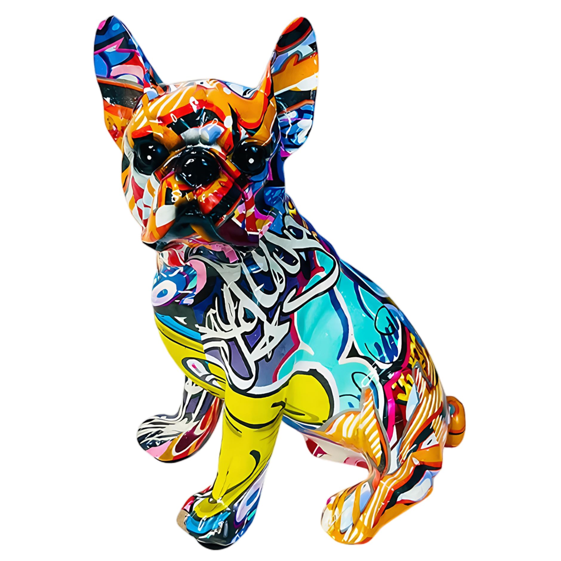 Licsaliwe French Bulldog Statue - Graffiti Resin Dog Sculpture with Playful Tilted Head Pose, Modern Art Figurine for Home Office Desk Garden