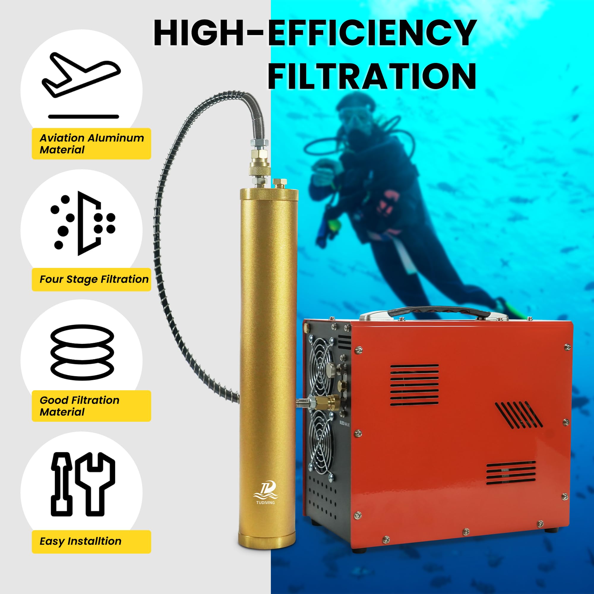 TUDIVING - Separatore ad acqua e olio PCP, separatore a immersione a setaccio molecolare, filtro compressore d'aria ad alta pressione da 4500 Psi con connettore rapido da 8 mm per bombole ad