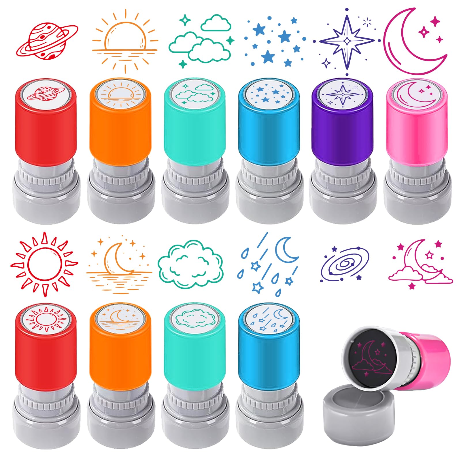 GLOBLELAND 12 Pcs Weather Teacher Stamp Sun Stars Encouraging Motivation Stamps Moon Cloud Behavior Stamper for Teachers Card Making DIY Embossing Journaling