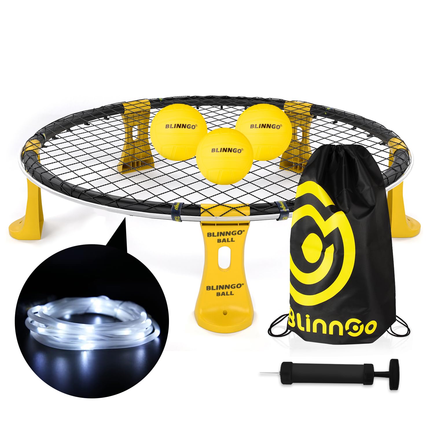 Roundnet - Juego de 3 bolas, disponible todo el día, juego de red redonda con tira de luz, césped, playa, patio trasero, juego de red redonda para principiantes y jugadores