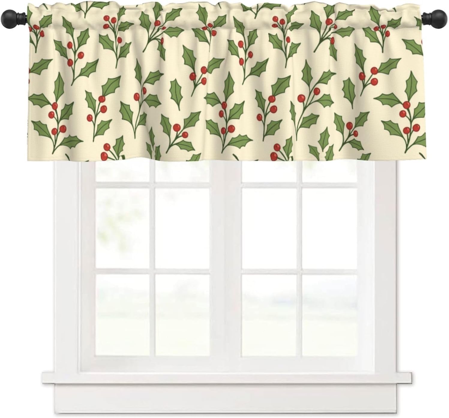 Christmas Valance for Windows Holly Berry Leaf Beige Short Kitchen Curtain Valances Rod Pocket Window Treatment for Living Room Bedroom Bathroom Decor 1 Panel, 54x18in