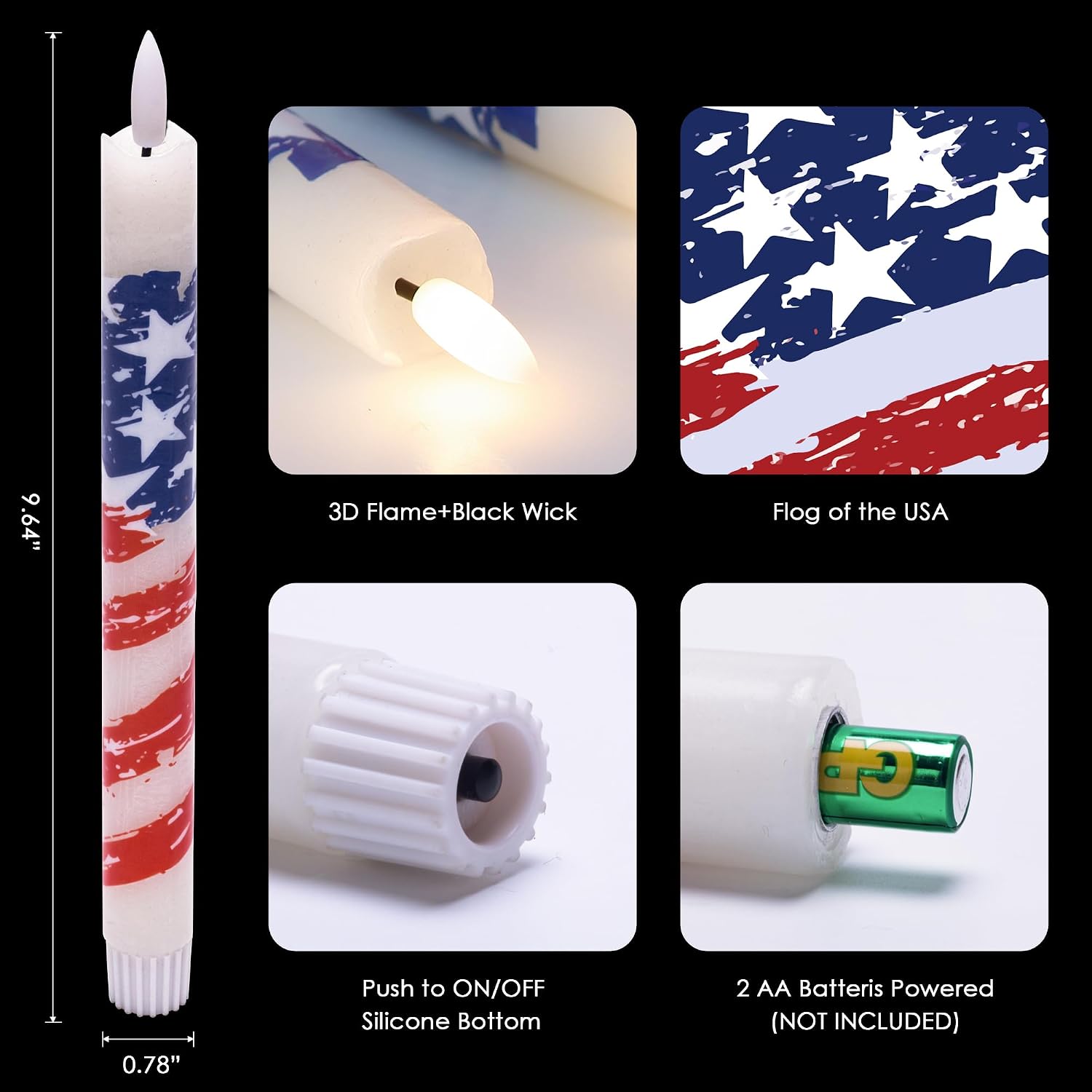 JOIONE 4th of July Flameless Taper Candles with Remote, 3-Pack 250th Anniversary Patriotic Battery Operated LED Red White Blue Flag Pattern Candles, Independence Day Home Decorations