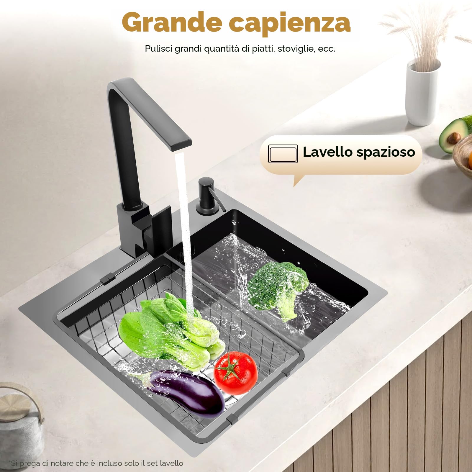 Lavello in acciaio inox, 40 x 45 cm, nero con lavandino e rubinetto, 1 lavello a incasso per 45 cm, con filtro e sgocciolatoio