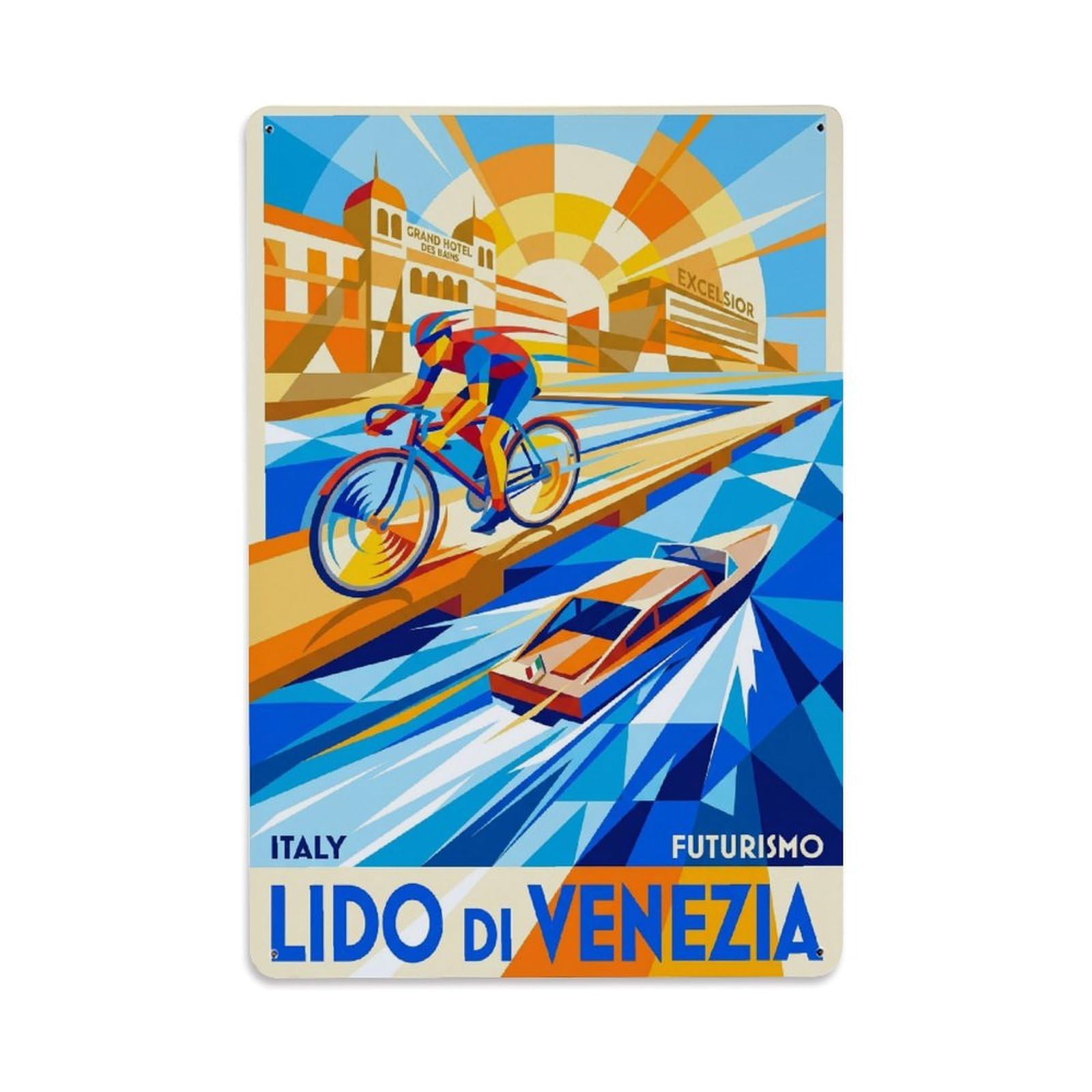 Olhnbad Style Lido Di Venezia Italy Lagoon Cycling Futurist Travel Metal Tin Sign