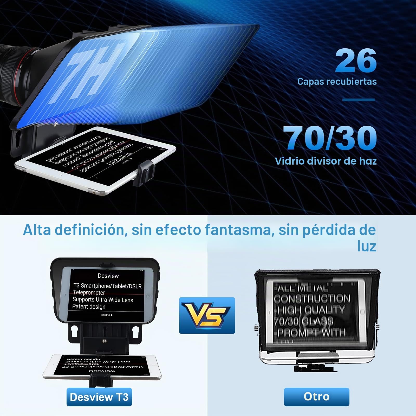 Desview T3 - Telepromptor para iPad/tabletas de hasta 11" con mando a distancia, cristal óptico HD para cámara DSLR/smartphone, grabación de vídeo, aplicación iOS/Android para E-Learning, Streaming y