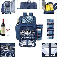 Vista 2 de Hap Tim Mochila de pícnic para 4 personas con compartimento aislado a prueba de fugas, soporte para vino, manta de forro de vellón y juego de Azul