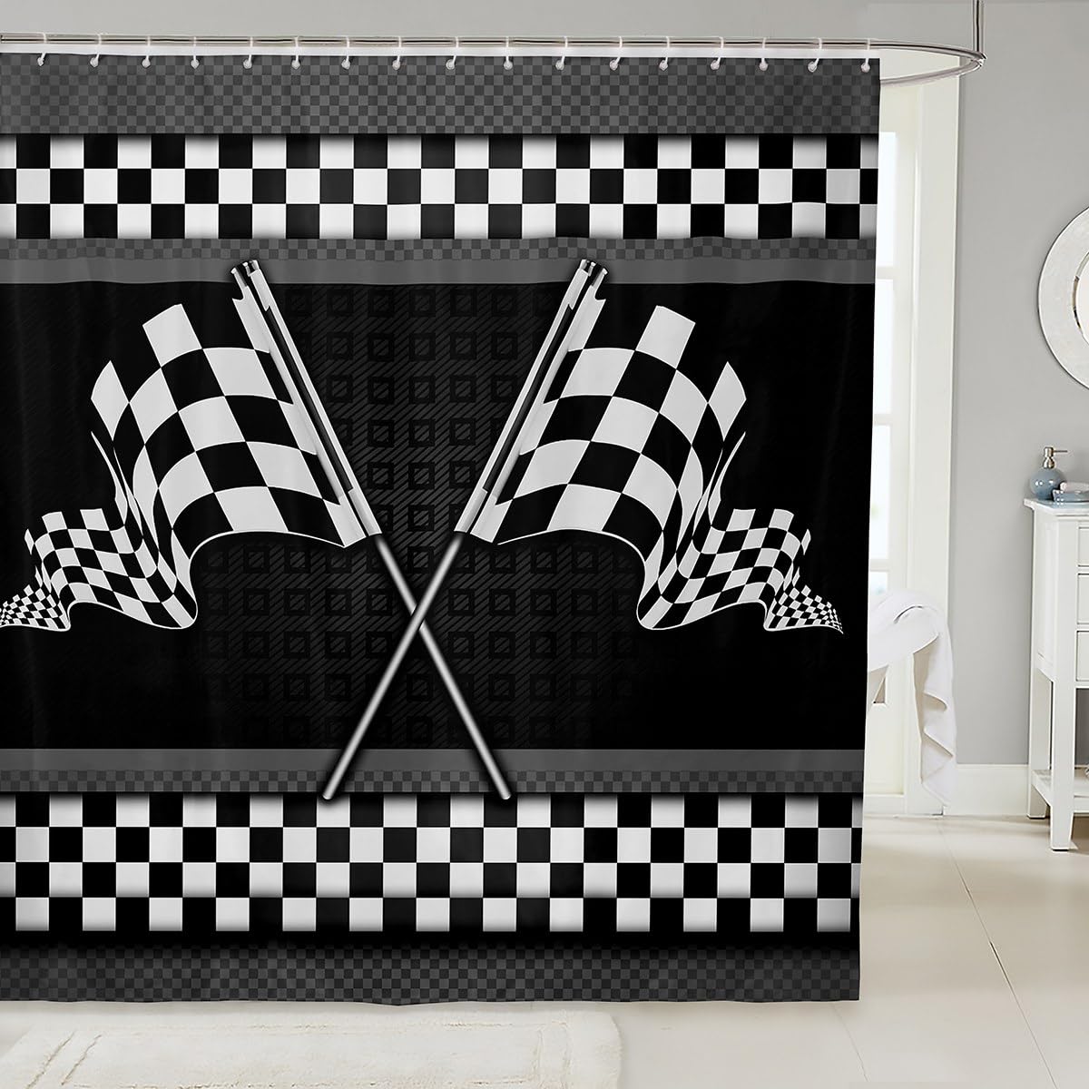 Race Car Themed Shower Curtains,Black White Checkered Flag Print Bathroom Curtains for Kids Teens Adults,Stripes Geometric Honeycomb Waterproof Bath