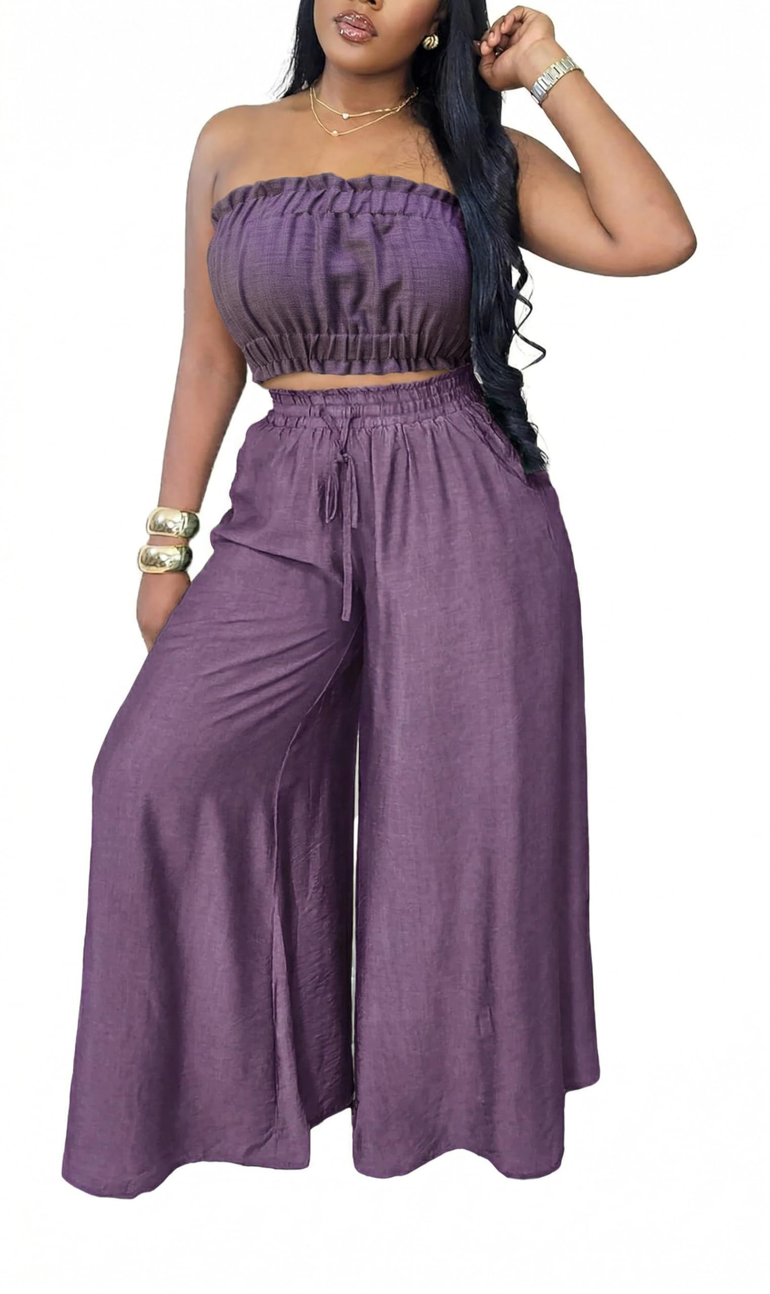 Two Piece Sets for Women Summer Outfits Crop Tops and Wide Leg Pants Sets Sexy Jumpsuits Vacation Outfits with Pockets
