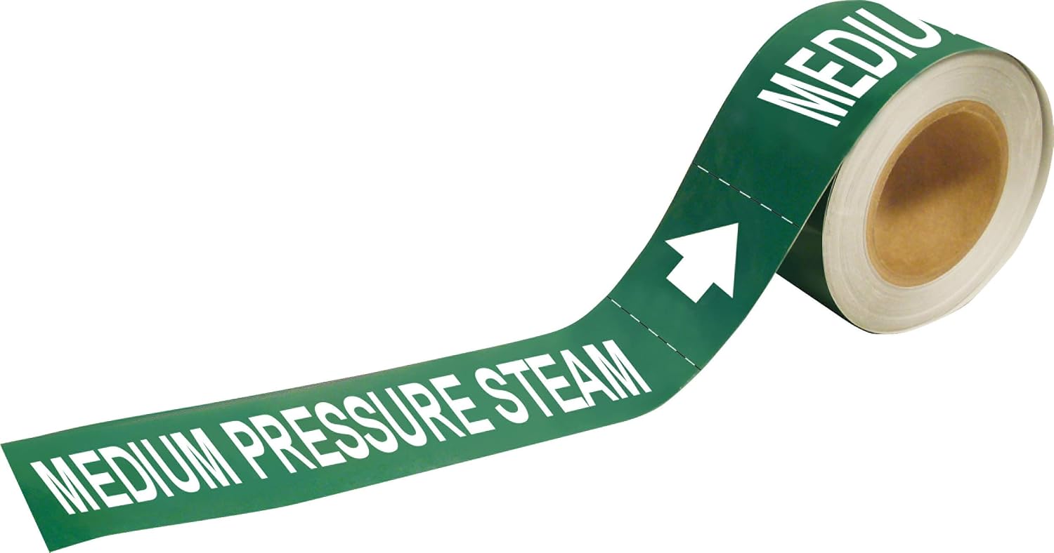 Brady 109467 Economy Pipe Markers-To-Go, B-946, 1" Height X 8" Width, White On Green Pressure Sensitive Vinyl, Legend "Medium Pressure Steam"