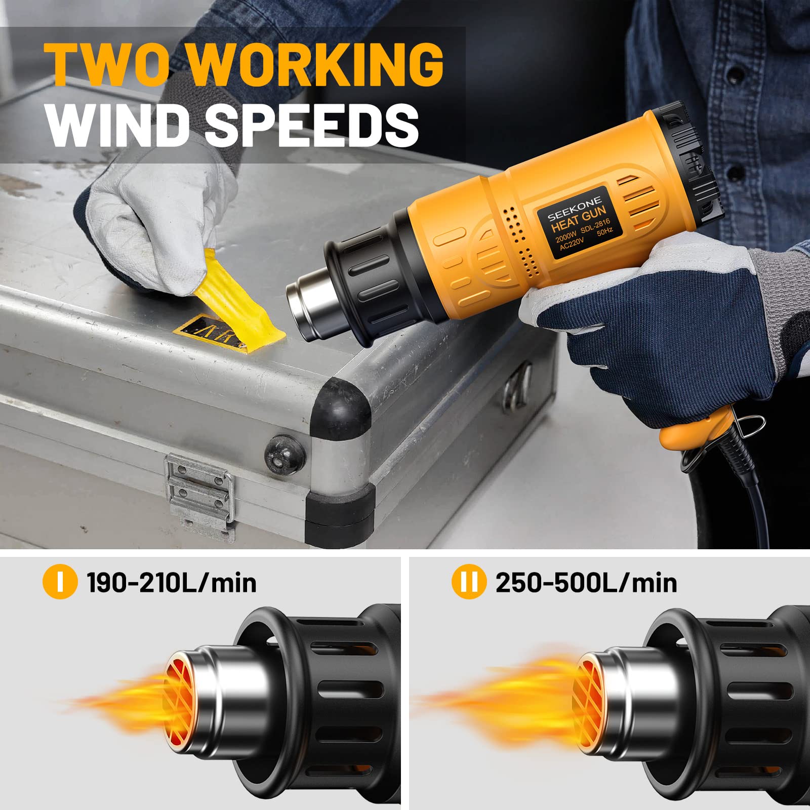 SEEKONE Heißluftpistole 2000W Kit mit Werkzeugkoffer, 50-600°C, 190-500L/min, 5 Düsen, Überlastschutz