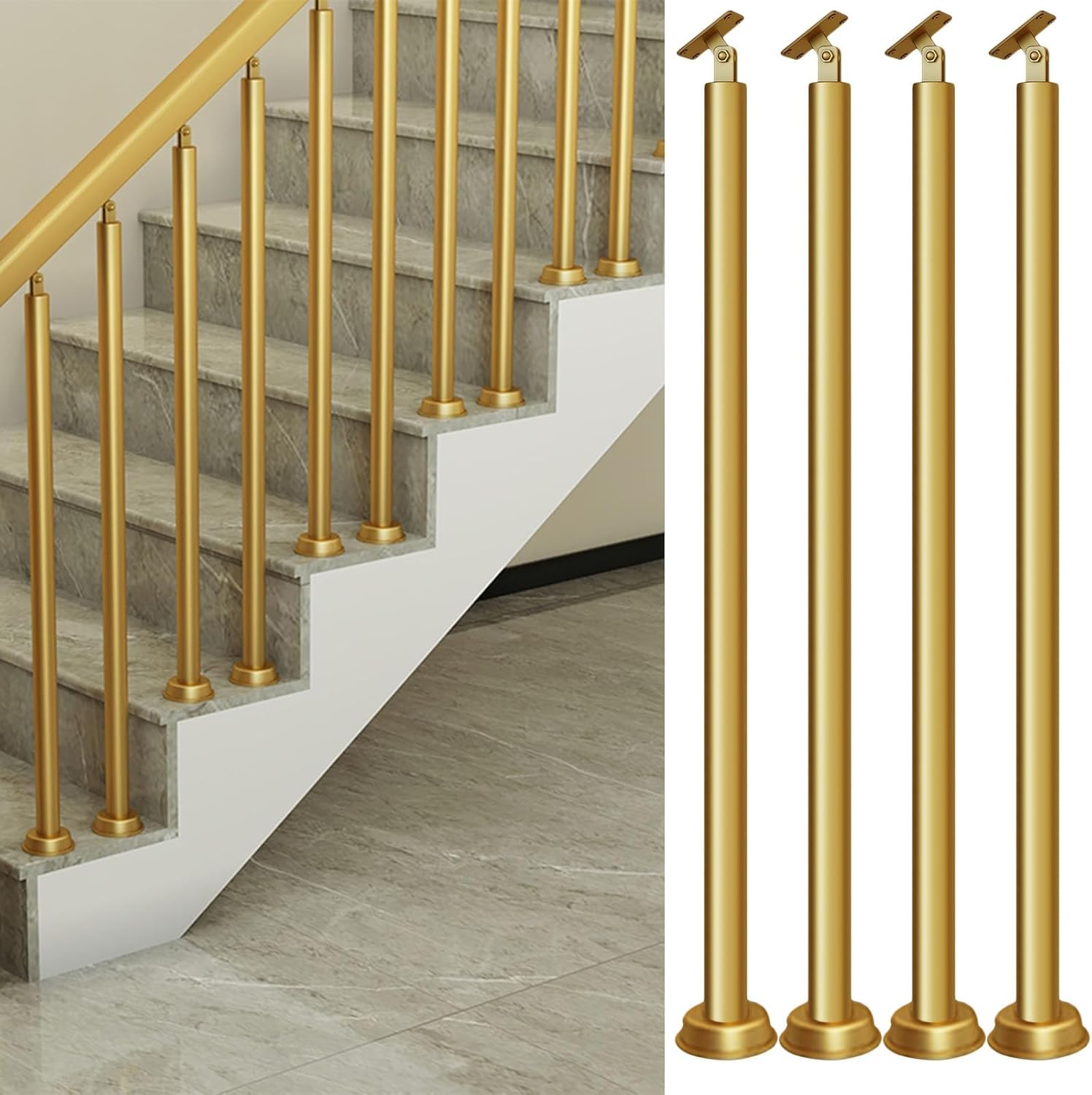Round Spindles for Staircase, 2 4 6 Pieces Modern Iron Stairs Balusters Interior Porch Balcony Stairway Banisters Post/ Column with Slant 270° Swivel Top Bracket & Screws, Floor Platform Mounted(Gold