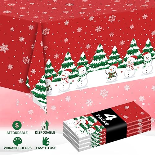 Miniatura 4 de Paquete de 4 manteles de plástico desechables  Mantel de Navidad con copos de nieve para suministros de decoración de fiestas, 54 x 108 pulgadas