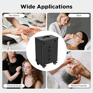Professional Makeup Trolley Case, Rolling Makeup Nail Case Makeup Train Case with 4 Wheels Jewelry Travel Cosmetic Organizer Makeups Train Suitcase for Outdoor, Travel (Black)