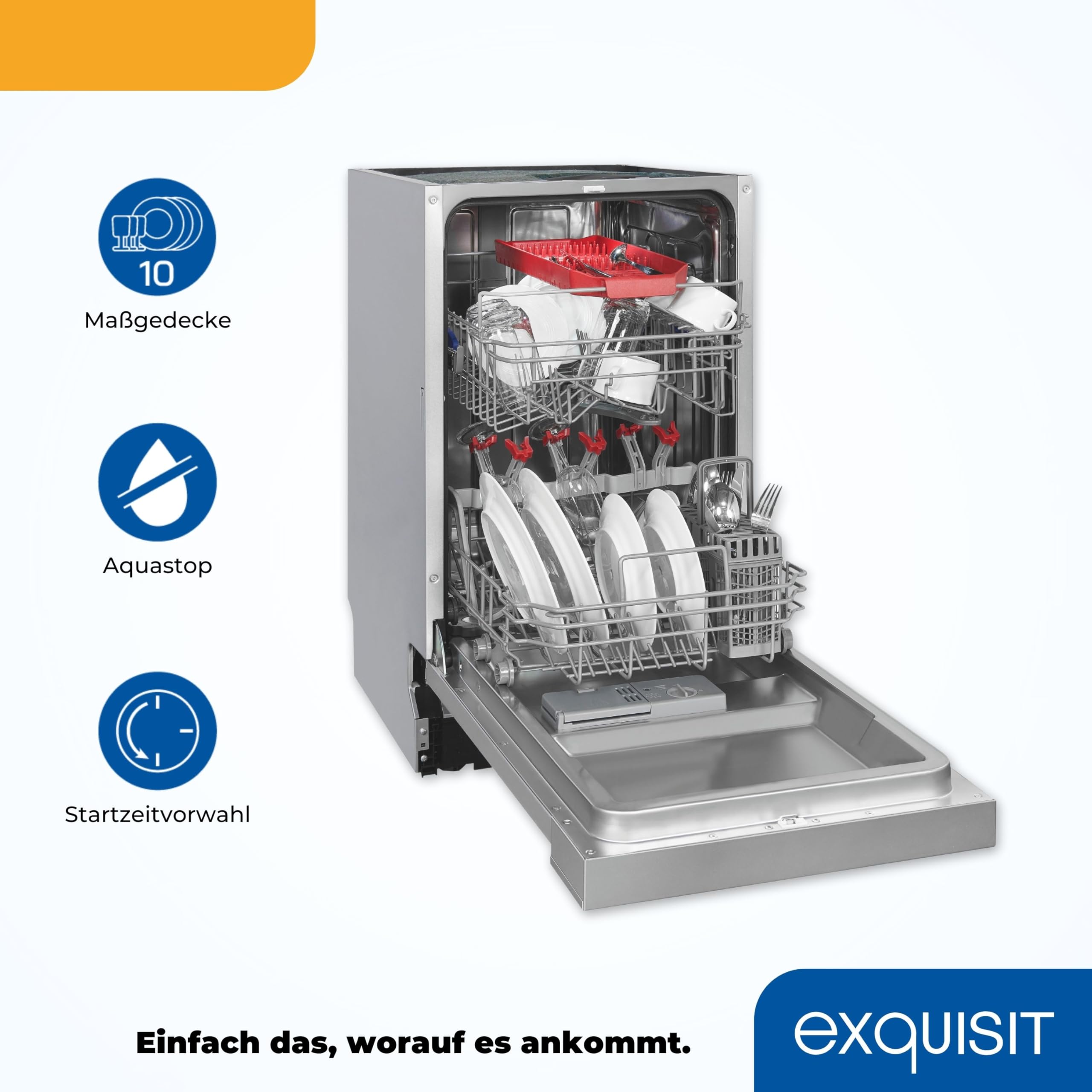 Exquisit Einbaugeschirrspüler EGSP9410-EB-030D inox 45cm Teilintegriert Auto-Door-Open Flexible Besteckablage